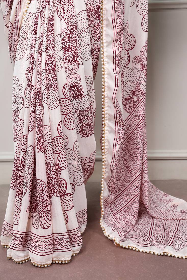 printed satin saree with elegant pearl lace border