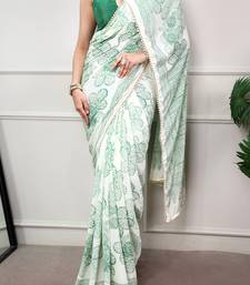 printed satin saree with elegant pearl lace border