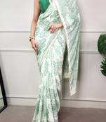printed satin saree with elegant pearl lace border