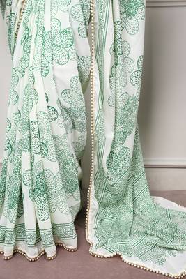 printed satin saree with elegant pearl lace border 5