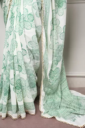 printed satin saree with elegant pearl lace border