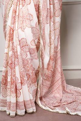 printed satin saree with elegant pearl lace border 5