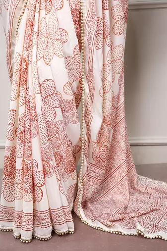 printed satin saree with elegant pearl lace border