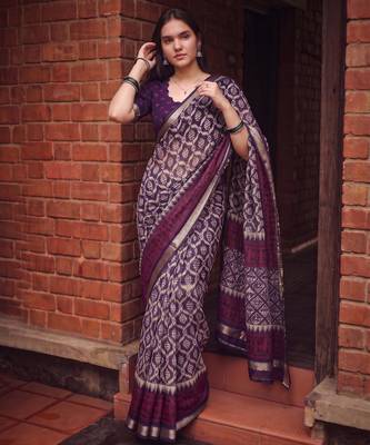 Women polyester viscose chanderi ikkat printed saree with zari border 1