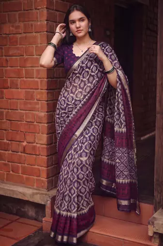 Women polyester viscose chanderi ikkat printed saree with zari border