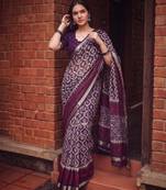 Women polyester viscose chanderi ikkat printed saree with zari border
