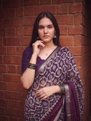 Women polyester viscose chanderi ikkat printed saree with zari border 2