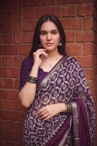Women polyester viscose chanderi ikkat printed saree with zari border