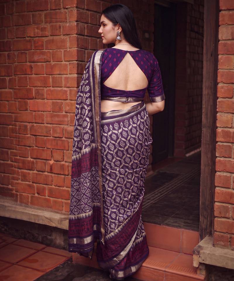 Women polyester viscose chanderi ikkat printed saree with zari border