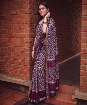 Women polyester viscose chanderi ikkat printed saree with zari border 4
