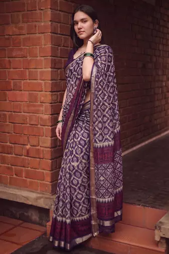 Women polyester viscose chanderi ikkat printed saree with zari border