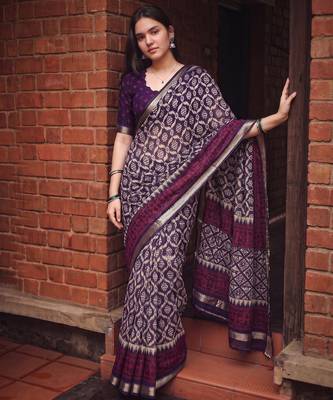 Women polyester viscose chanderi ikkat printed saree with zari border 5
