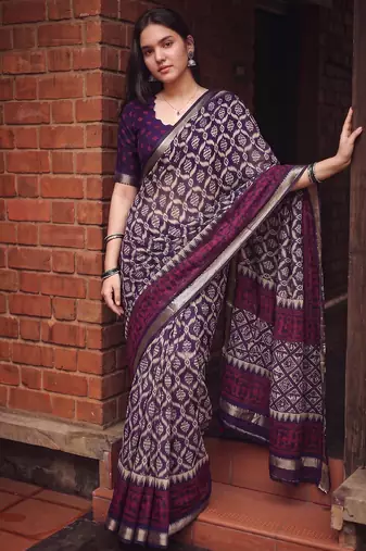 Women polyester viscose chanderi ikkat printed saree with zari border
