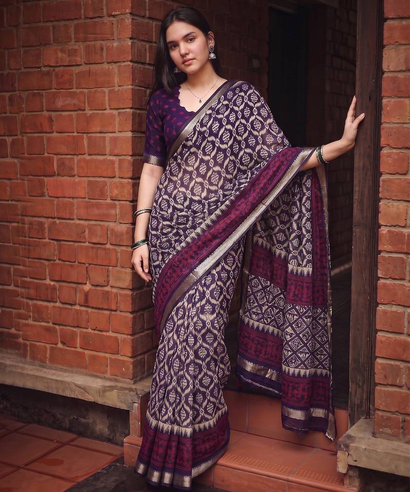 Women polyester viscose chanderi ikkat printed saree with zari border