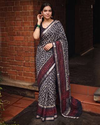 Women polyester viscose chanderi ikkat printed saree with zari border 1