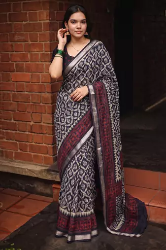 Women polyester viscose chanderi ikkat printed saree with zari border