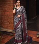 Women polyester viscose chanderi ikkat printed saree with zari border