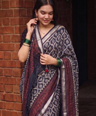 Women polyester viscose chanderi ikkat printed saree with zari border 2