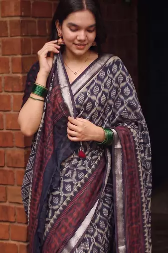 Women polyester viscose chanderi ikkat printed saree with zari border
