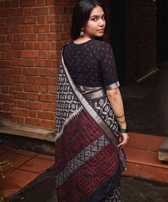 Women polyester viscose chanderi ikkat printed saree with zari border 3