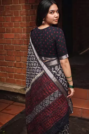 Women polyester viscose chanderi ikkat printed saree with zari border