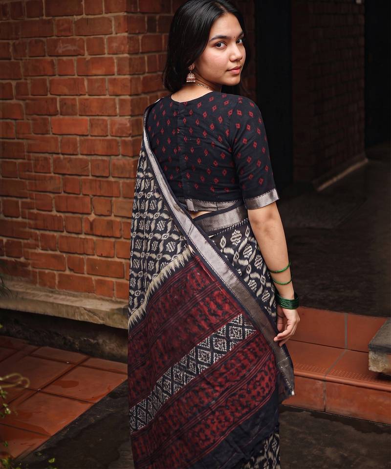 Women polyester viscose chanderi ikkat printed saree with zari border