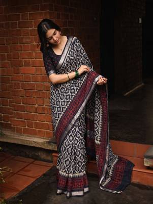 Women polyester viscose chanderi ikkat printed saree with zari border 4