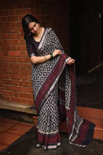 Women polyester viscose chanderi ikkat printed saree with zari border