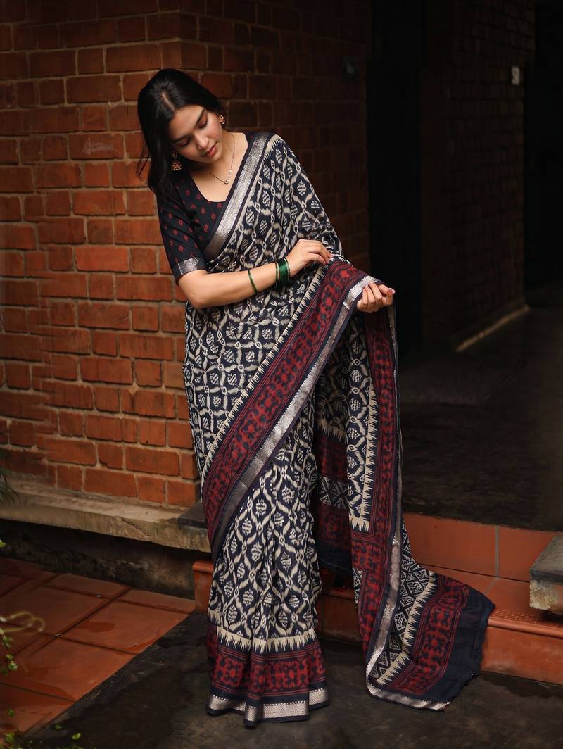 Women polyester viscose chanderi ikkat printed saree with zari border