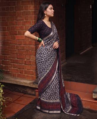 Women polyester viscose chanderi ikkat printed saree with zari border 5