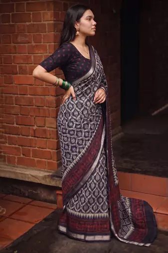 Women polyester viscose chanderi ikkat printed saree with zari border