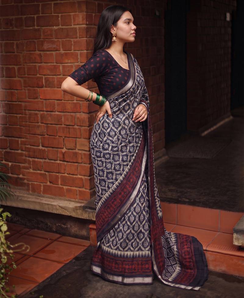 Women polyester viscose chanderi ikkat printed saree with zari border