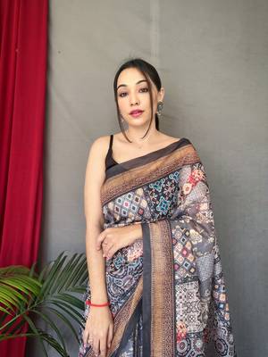 black color kashmiri digital print with contrast kashmiri and floral conceptual printed border cotton blend sarees 1