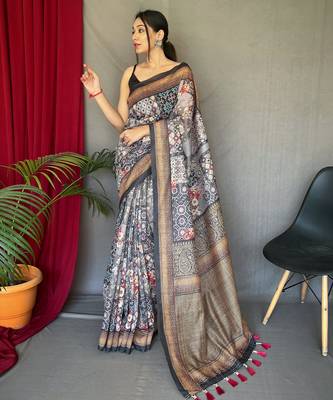 black color kashmiri digital print with contrast kashmiri and floral conceptual printed border cotton blend sarees 2