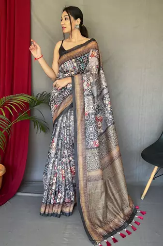 black color kashmiri digital print with contrast kashmiri and floral conceptual printed border cotton blend sarees