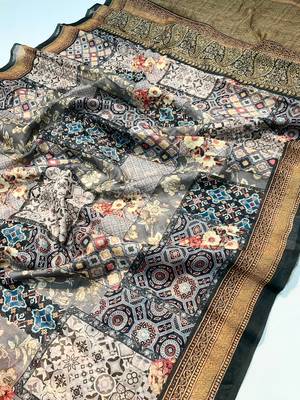 black color kashmiri digital print with contrast kashmiri and floral conceptual printed border cotton blend sarees 3