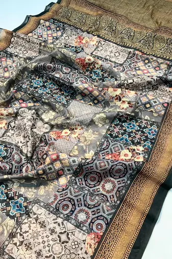 black color kashmiri digital print with contrast kashmiri and floral conceptual printed border cotton blend sarees