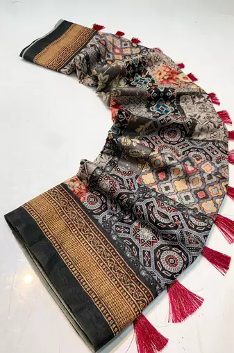 black color kashmiri digital print with contrast kashmiri and floral conceptual printed border cotton blend sarees