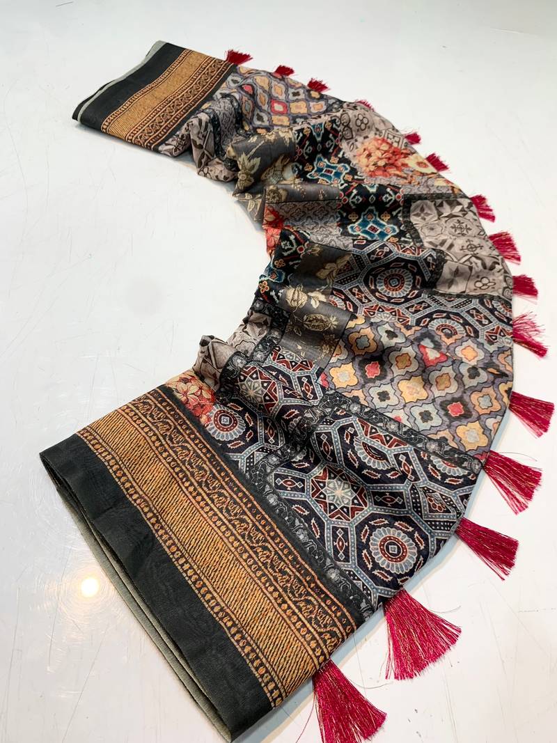 black color kashmiri digital print with contrast kashmiri and floral conceptual printed border cotton blend sarees