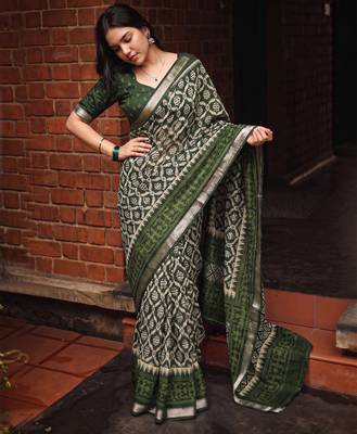 Women polyester viscose chanderi ikkat printed saree with zari border 1