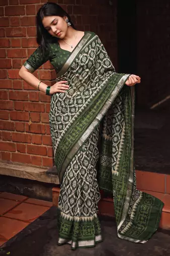 Women polyester viscose chanderi ikkat printed saree with zari border