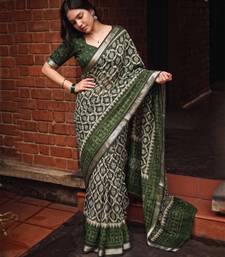 Women polyester viscose chanderi ikkat printed saree with zari border