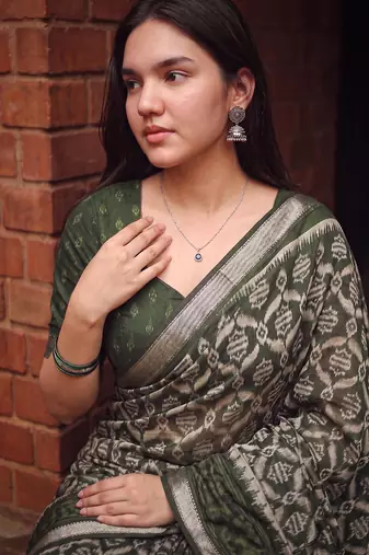 Women polyester viscose chanderi ikkat printed saree with zari border
