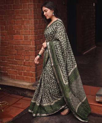 Women polyester viscose chanderi ikkat printed saree with zari border 3