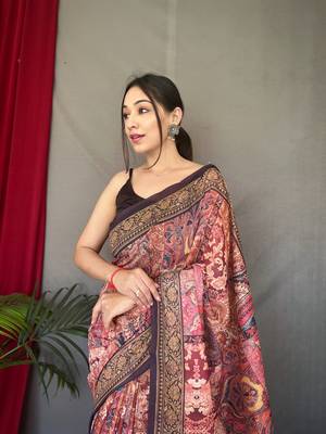 maroon color kashmiri digital print with contrast kashmiri and floral conceptual printed border cotton blend sarees 1