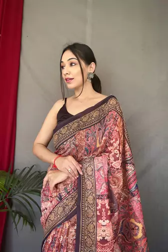 maroon color kashmiri digital print with contrast kashmiri and floral conceptual printed border cotton blend sarees