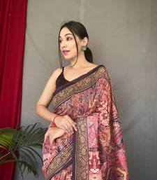maroon color kashmiri digital print with contrast kashmiri and floral conceptual printed border cotton blend sarees