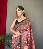 maroon color kashmiri digital print with contrast kashmiri and floral conceptual printed border cotton blend sarees