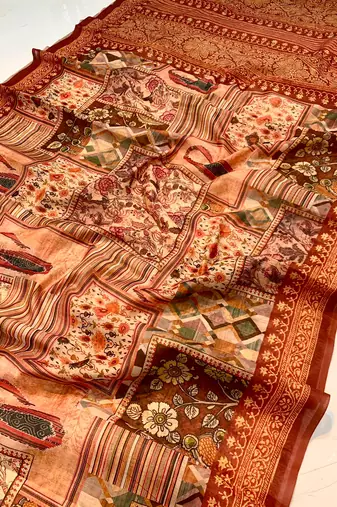 maroon color kashmiri digital print with contrast kashmiri and floral conceptual printed border cotton blend sarees