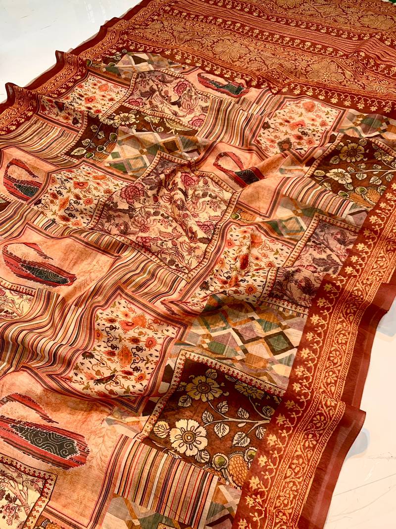 maroon color kashmiri digital print with contrast kashmiri and floral conceptual printed border cotton blend sarees